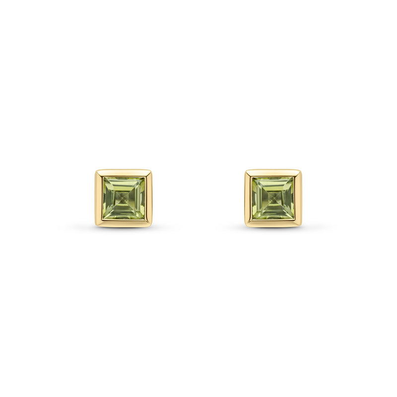 9ct Yellow Gold Square Natural Peridot Rubover Stud Earrings — 4mm