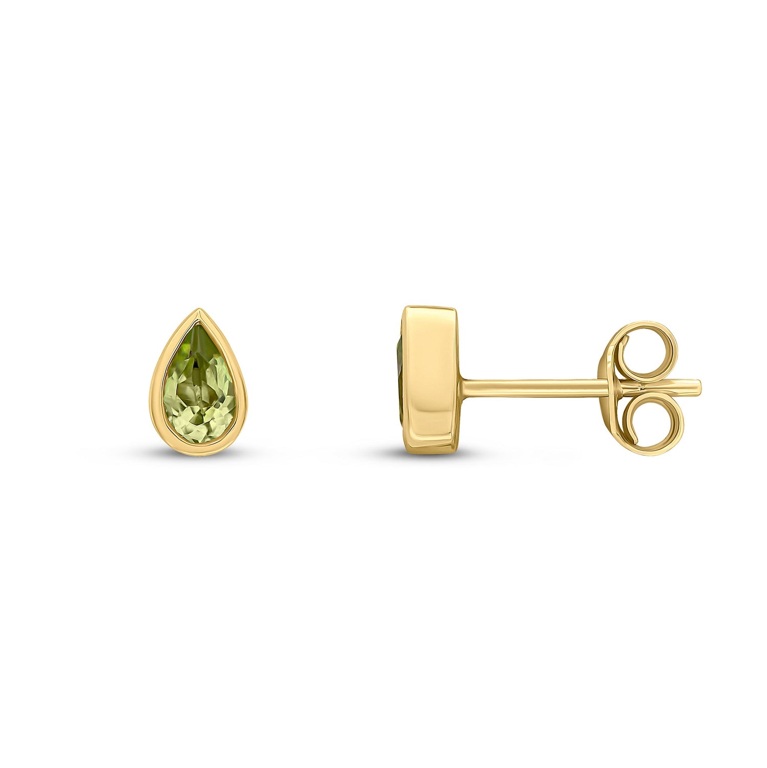 9ct Yellow Gold Pear Shaped Natural Peridot Rubover Stud Earrings — 5x3mm