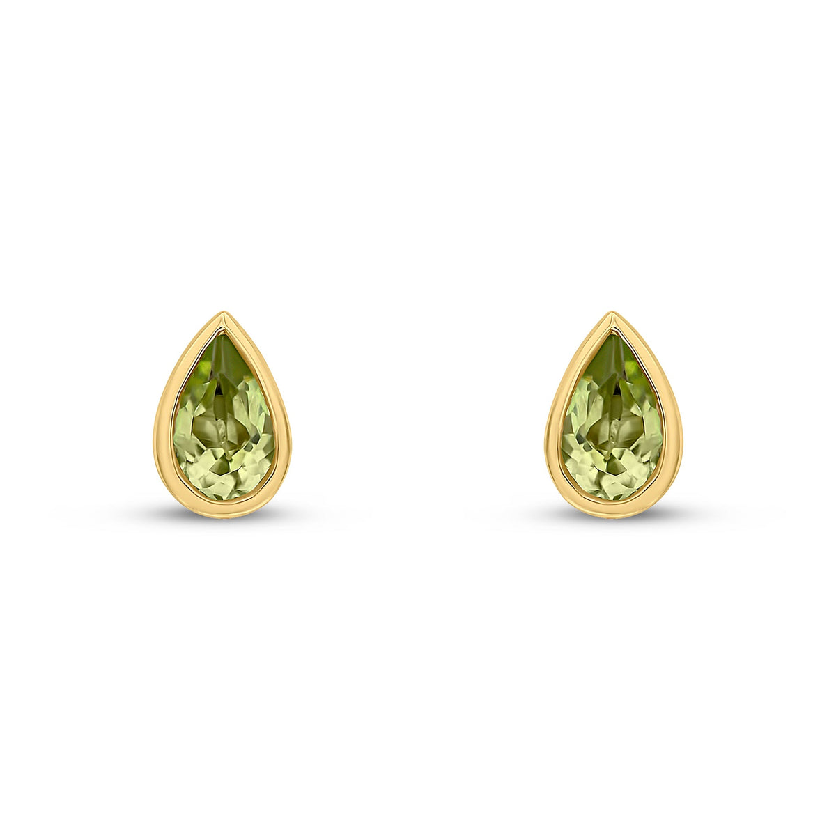9ct Yellow Gold Pear Shaped Natural Peridot Rubover Stud Earrings — 5x3mm