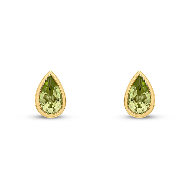 9ct Yellow Gold Pear Shaped Natural Peridot Rubover Stud Earrings — 5x3mm