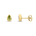 9ct Yellow Gold Pear Shaped Natural Peridot Rubover Stud Earrings — 5x3mm