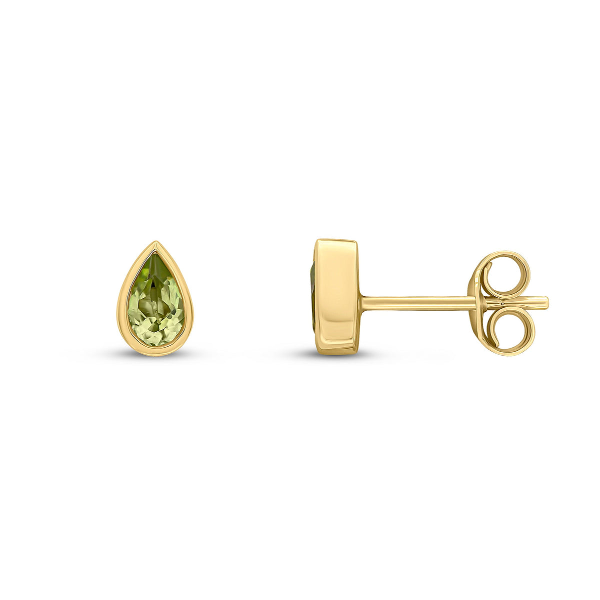 9ct Yellow Gold Pear Shaped Natural Peridot Rubover Stud Earrings — 5x3mm