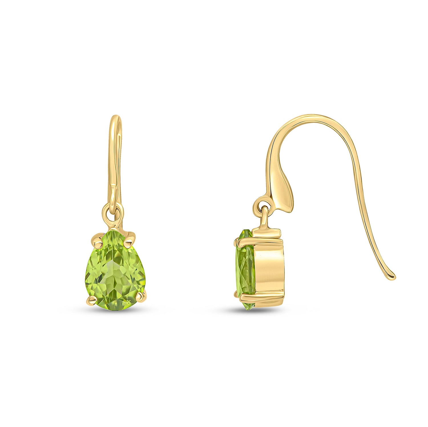 9ct Yellow Gold Pear Shaped Natural Peridot Claw Wire Hook Drop Earrings — 7x5mm