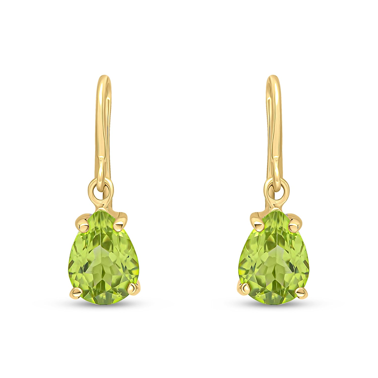 9ct Yellow Gold Pear Shaped Natural Peridot Claw Wire Hook Drop Earrings — 7x5mm