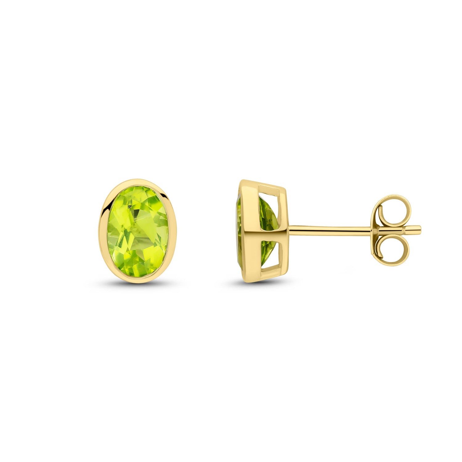 9ct Yellow Gold Oval Natural Peridot Rubover Stud Earrings — 7x5mm