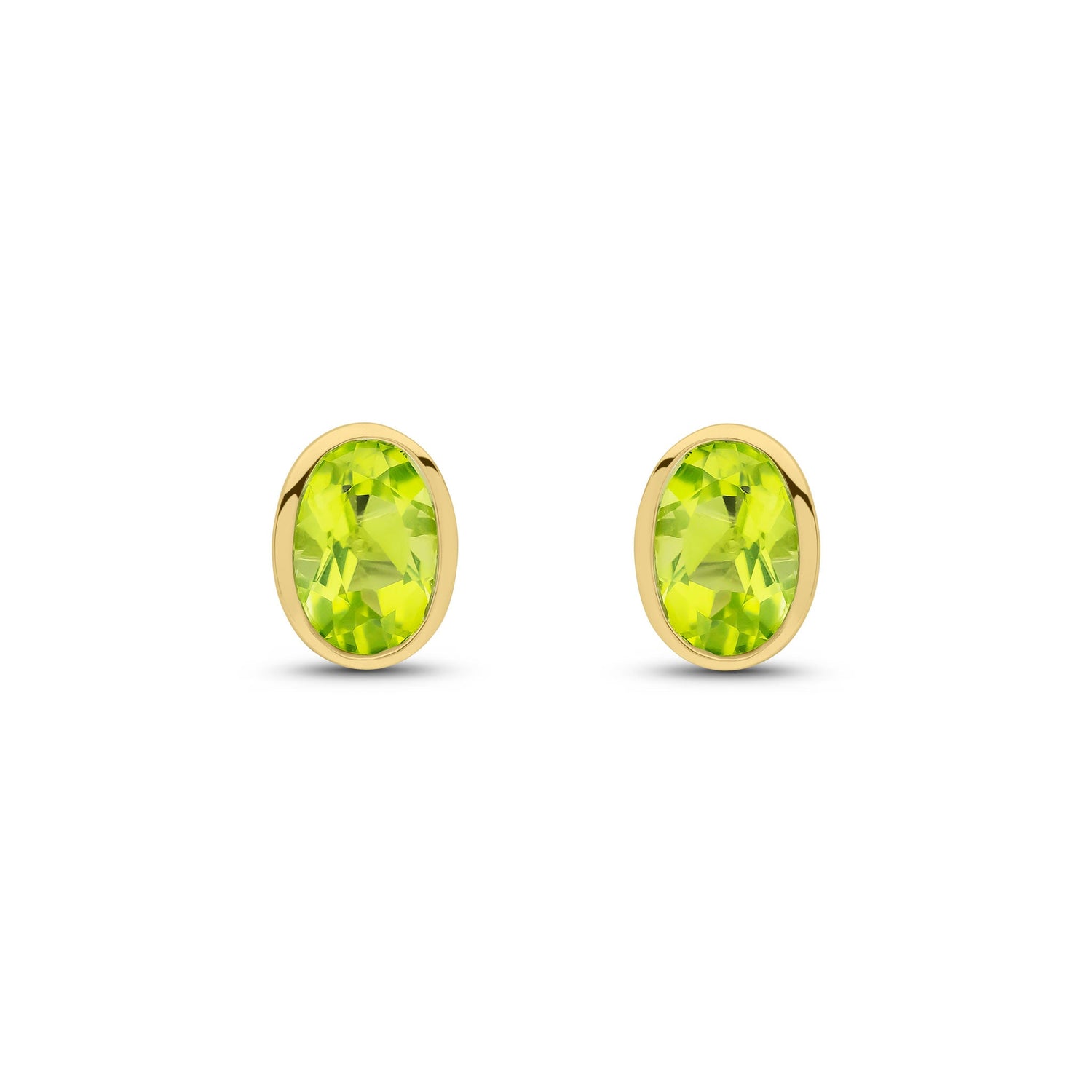9ct Yellow Gold Oval Natural Peridot Rubover Stud Earrings — 7x5mm