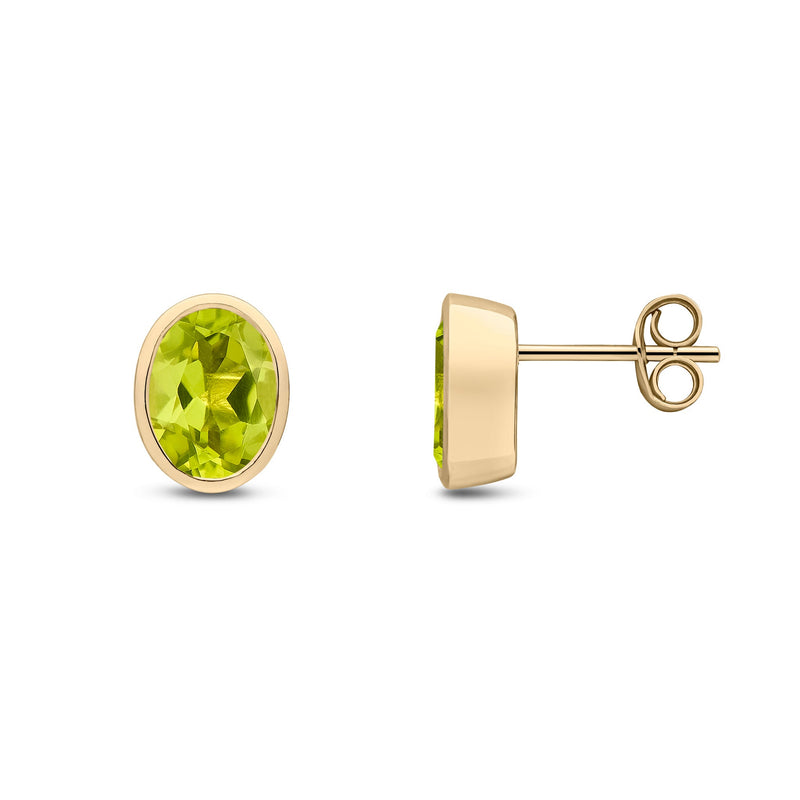 9ct Yellow Gold Oval Natural Peridot Rubover Stud Earrings — 8x6mm