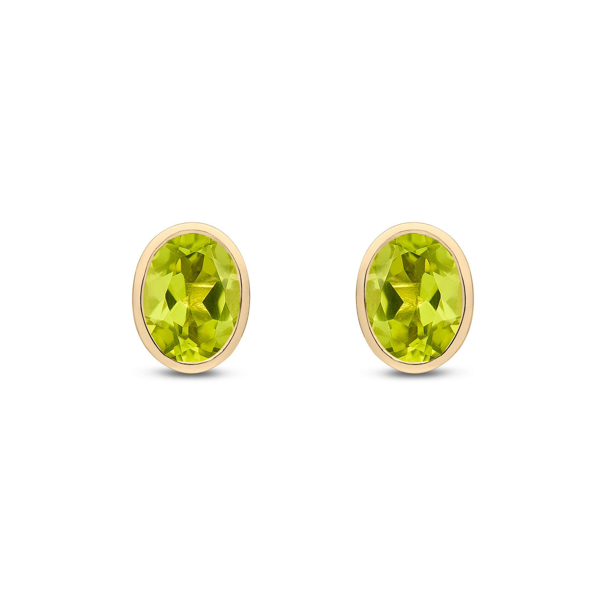9ct Yellow Gold Oval Natural Peridot Rubover Stud Earrings — 8x6mm