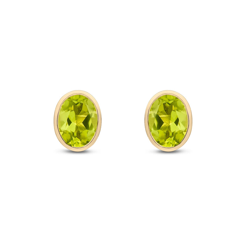 9ct Yellow Gold Oval Natural Peridot Rubover Stud Earrings — 8x6mm