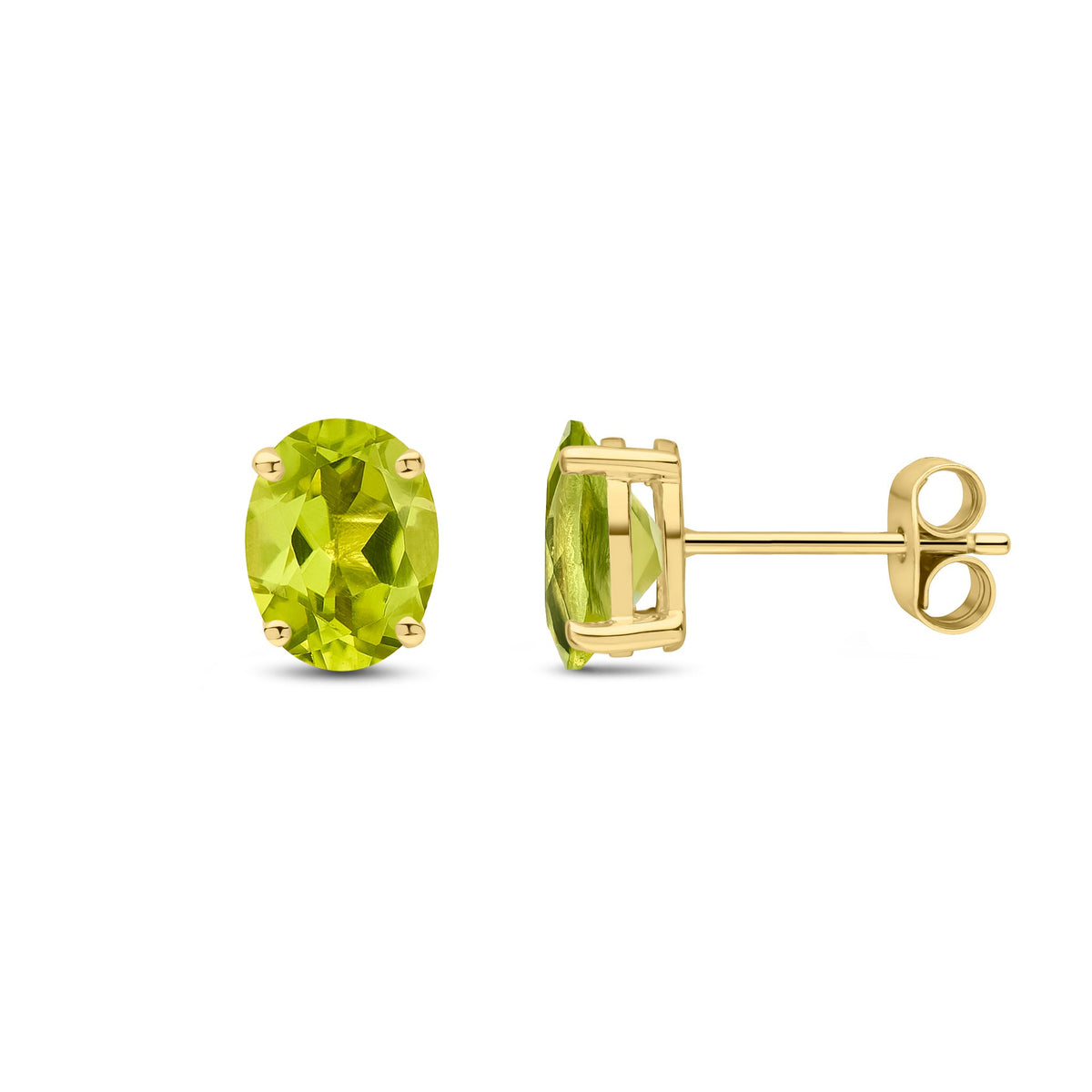 9ct Yellow Gold Oval Natural Peridot Claw Stud Earrings — 8x6mm