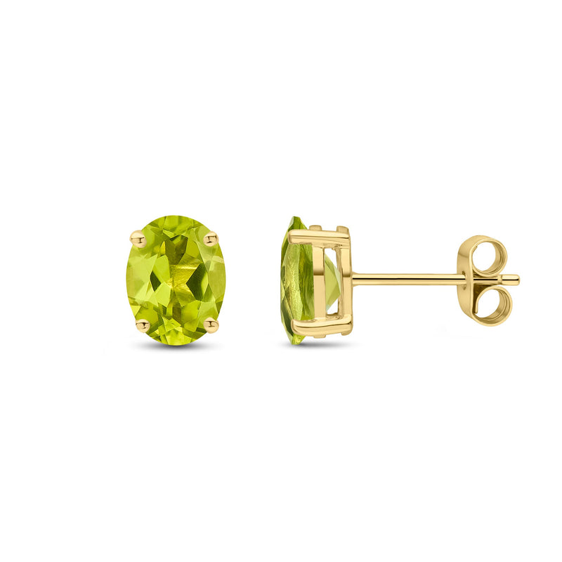 9ct Yellow Gold Oval Natural Peridot Claw Stud Earrings — 8x6mm