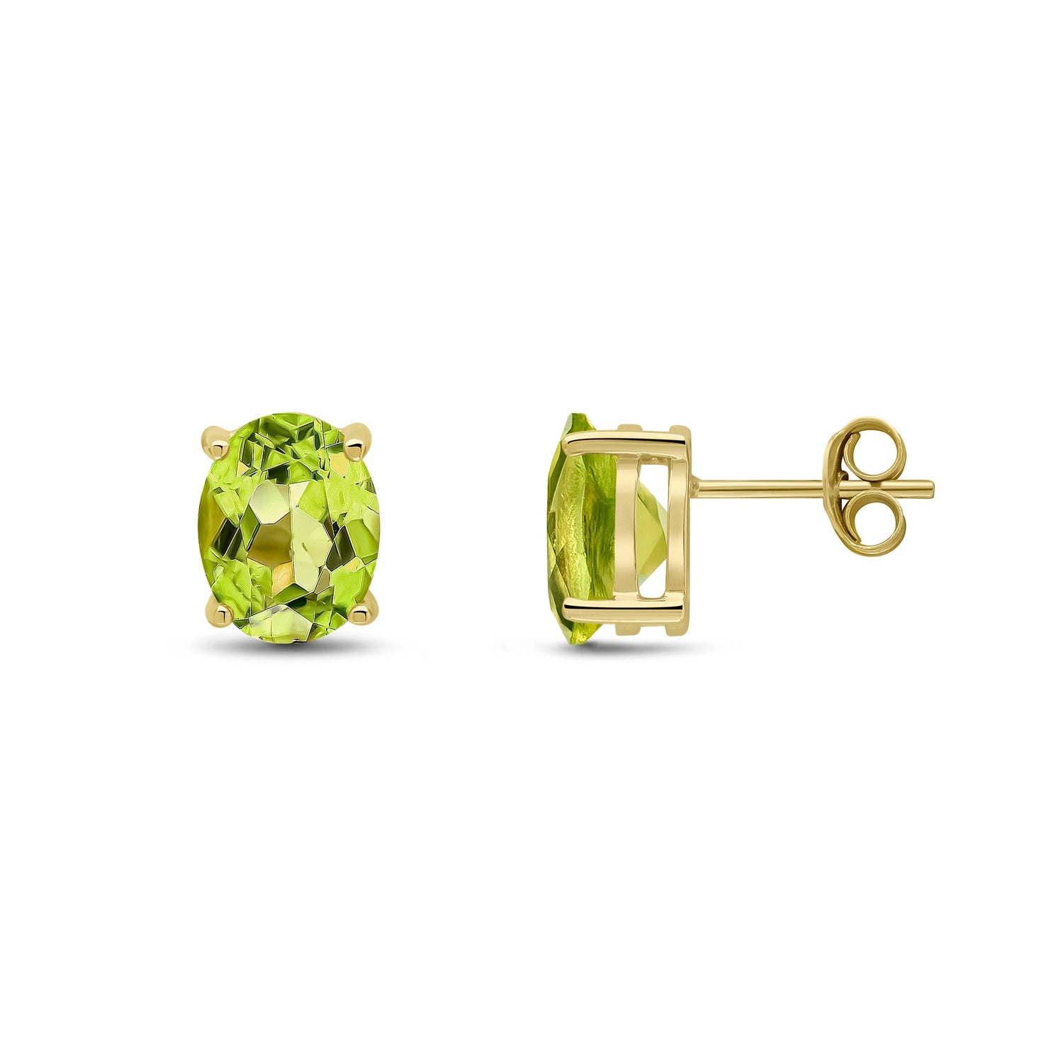 9ct Yellow Gold Oval Natural Peridot Claw Set Stud Earrings — 9x7mm