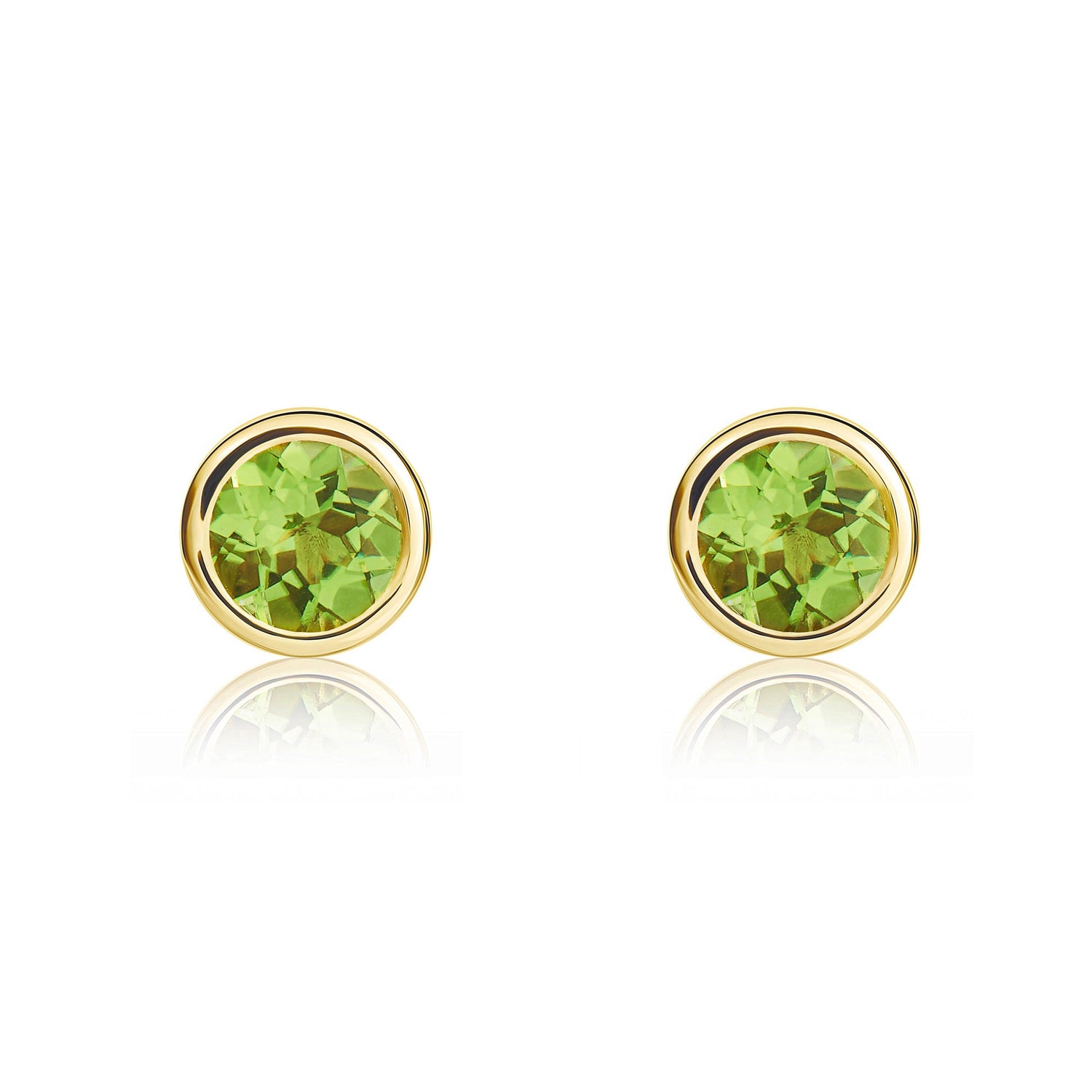 9ct Yellow Gold Round Peridot Rubover Stud Earrings — 4mm