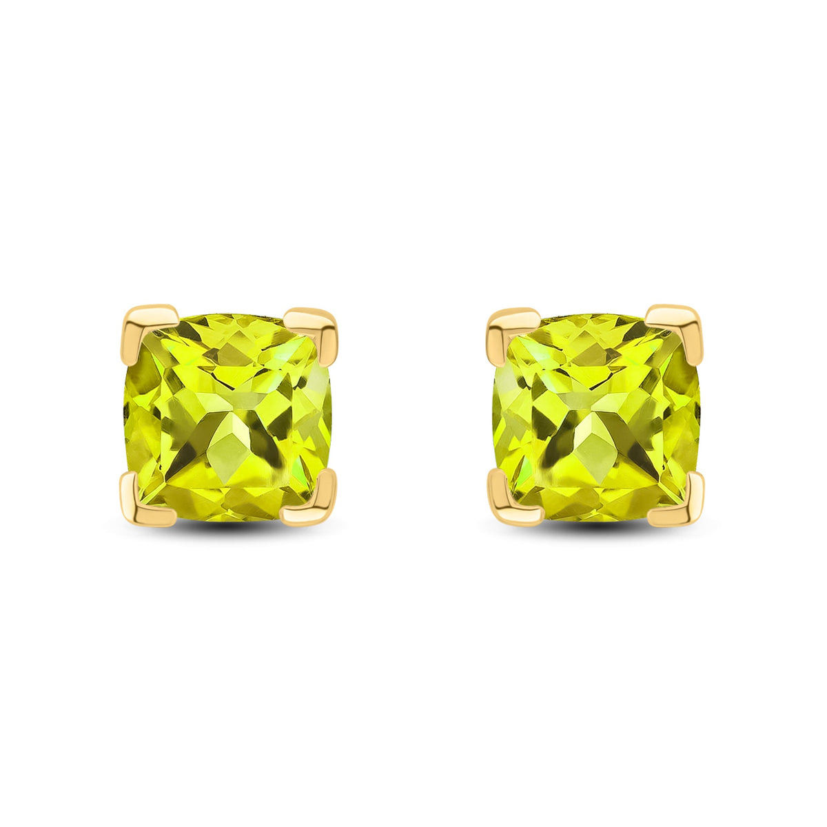 9ct Yellow Gold Cushion Natural Peridot Claw Stud Earrings — 6mm