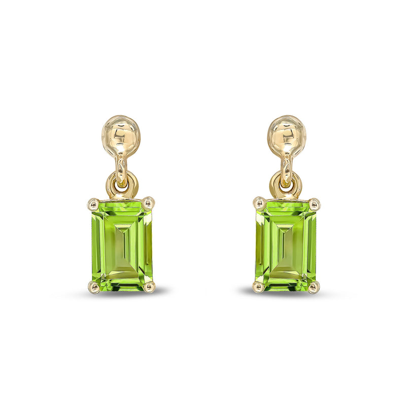 9ct Yellow Gold Octagonal Emerald Cut Natural Peridot Claw Drop Earrings — 6x4mm