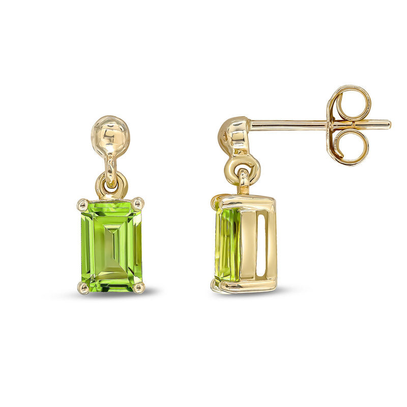 9ct Yellow Gold Octagonal Emerald Cut Natural Peridot Claw Drop Earrings — 6x4mm