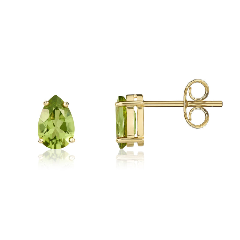 9ct Yellow Gold Pear Shaped Natural Peridot Claw Stud Earrings — 9x6mm
