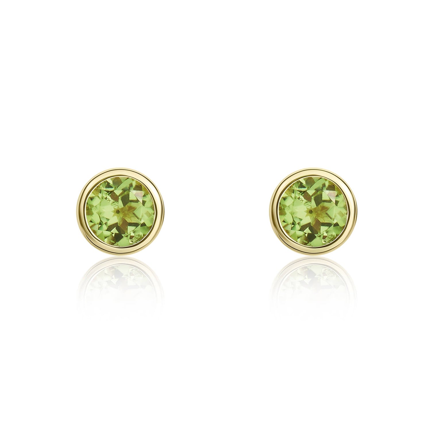 9ct Yellow Gold Round Peridot Rubover Stud Earrings — 3mm
