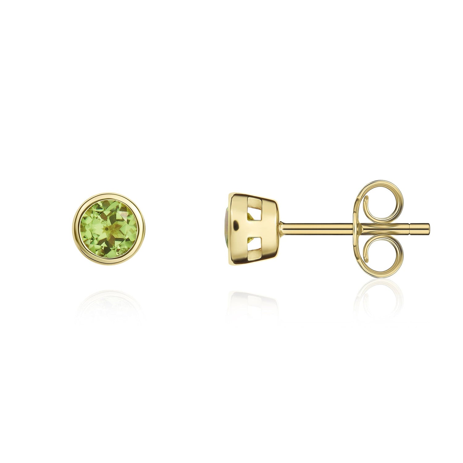 9ct Yellow Gold Round Peridot Rubover Stud Earrings — 3mm
