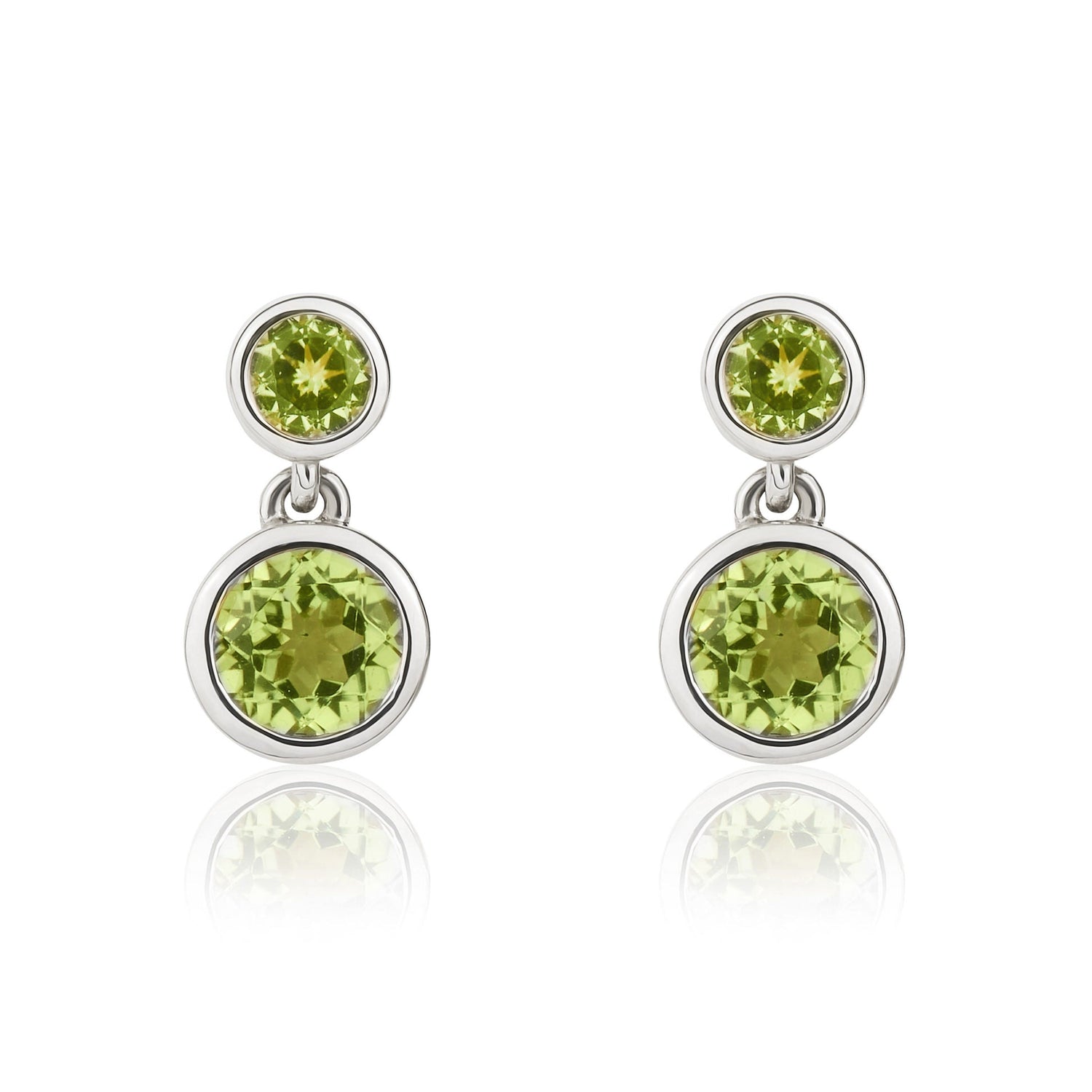 9ct White Gold Round Peridot Rubover Two Stone Drop Earrings — 2.5mm &amp; 4mm