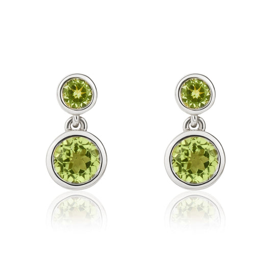 9ct White Gold Round Natural Peridot Rubover Two Stone Drop Earrings