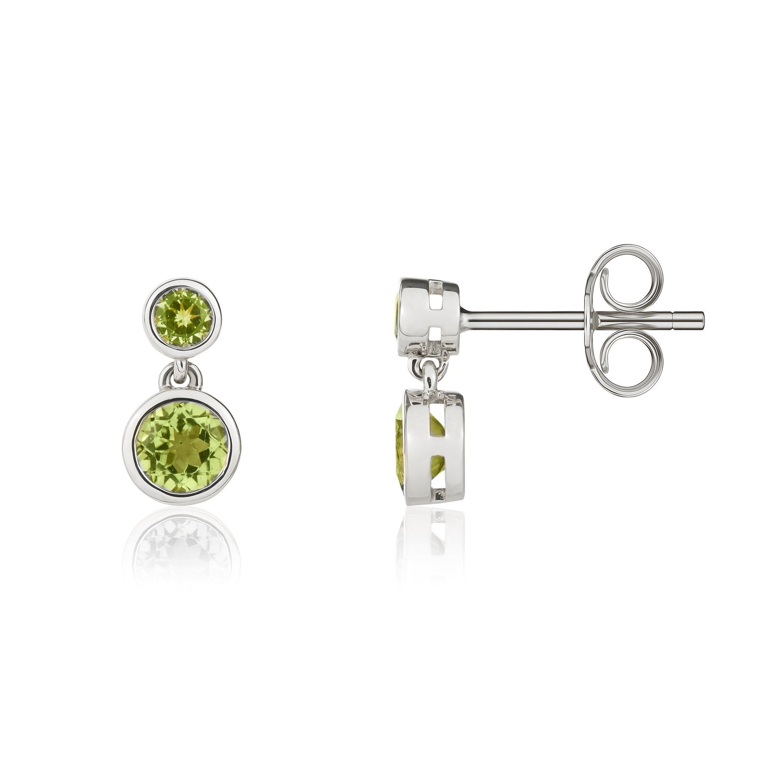9ct White Gold Round Peridot Rubover Two Stone Drop Earrings — 2.5mm &amp; 4mm