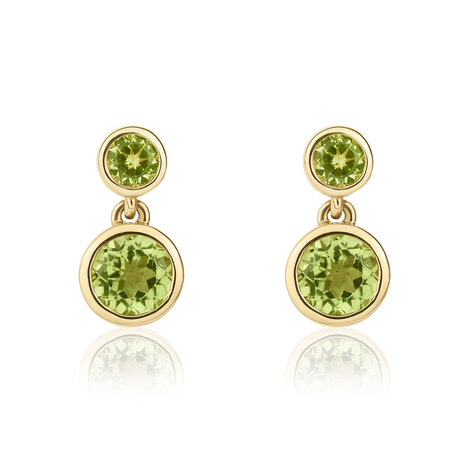 9ct Yellow Gold Round Natural Peridot Double Drop Rubover Earrings