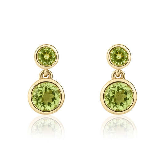 9ct Yellow Gold Round Natural Peridot Double Drop Rubover Earrings