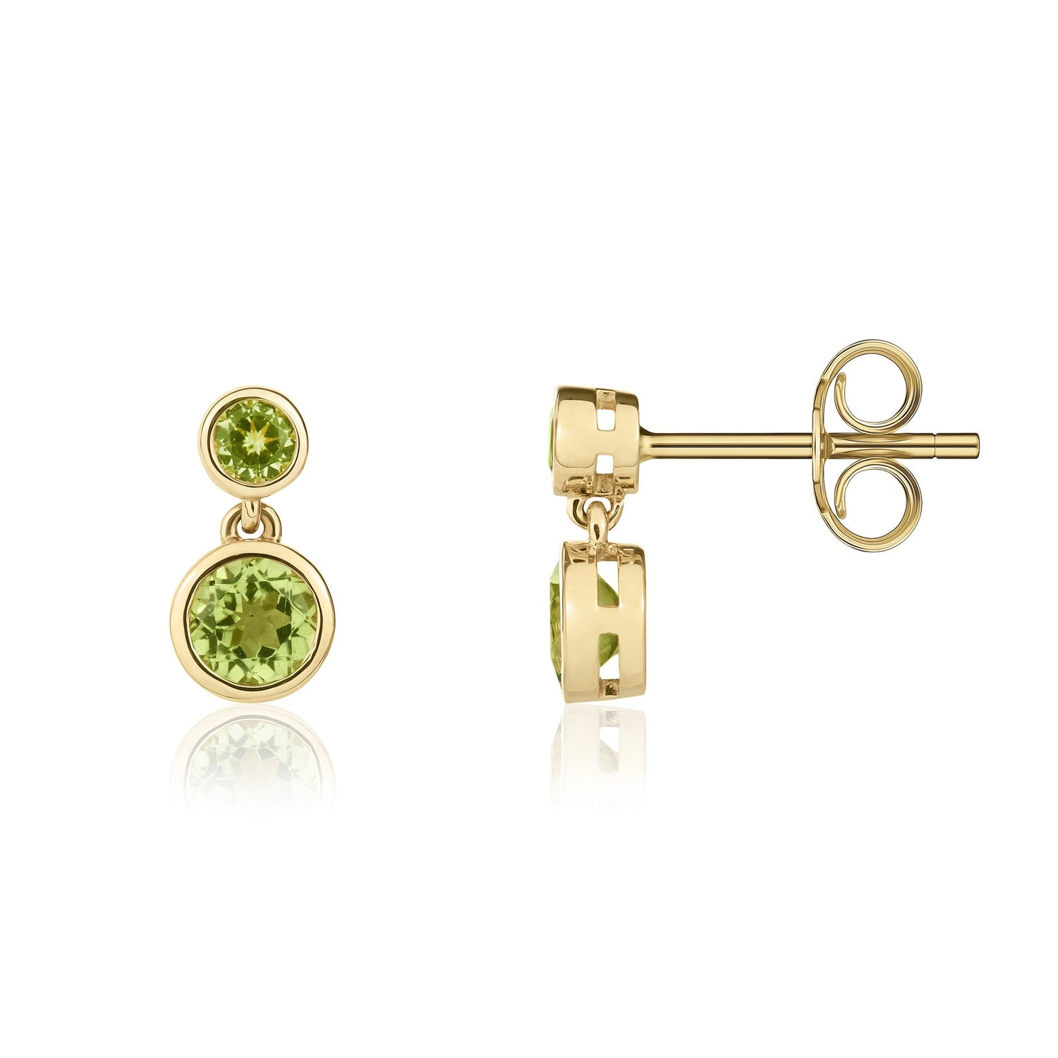 9ct Yellow Gold Round Natural Peridot Double Drop Rubover Earrings