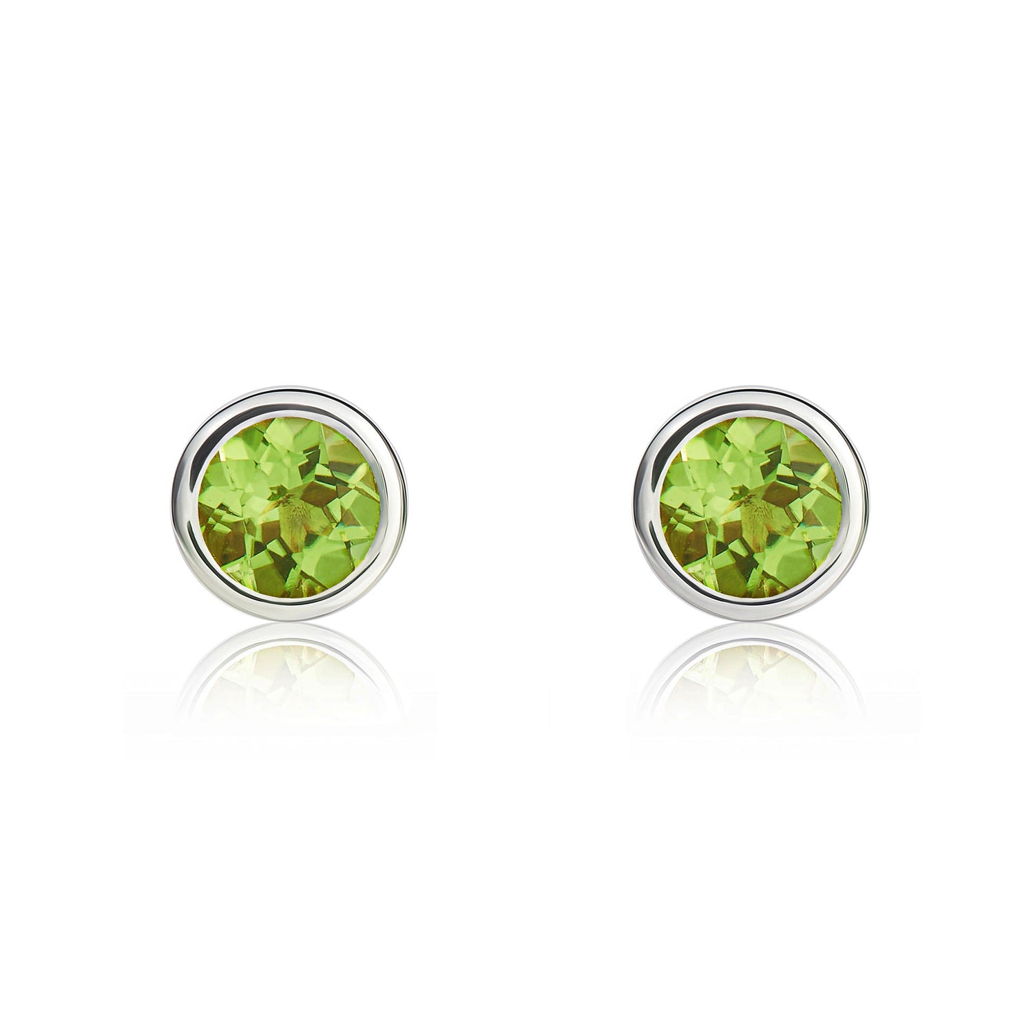 9ct White Gold Round Natural Peridot Rubover Stud Earrings — 4mm