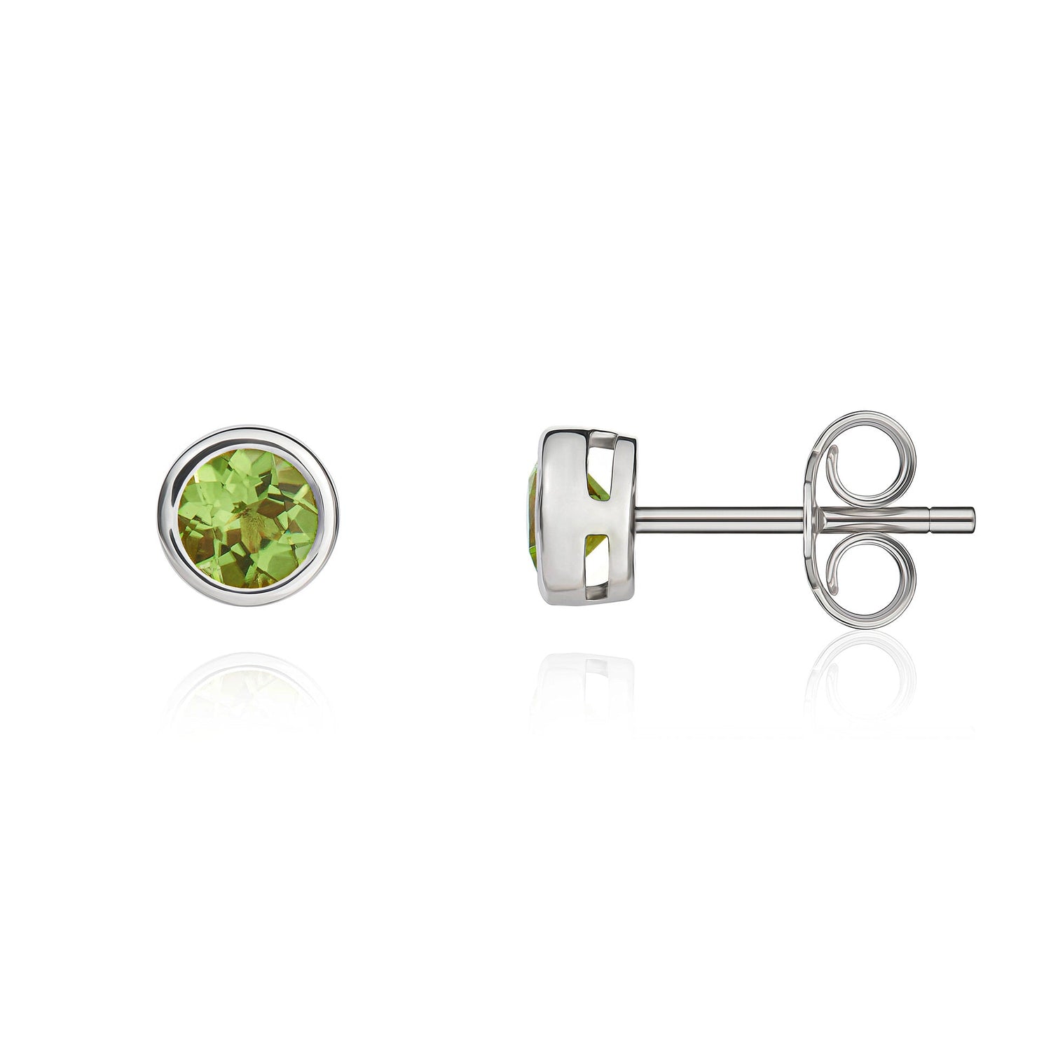 9ct White Gold Round Natural Peridot Rubover Stud Earrings — 4mm