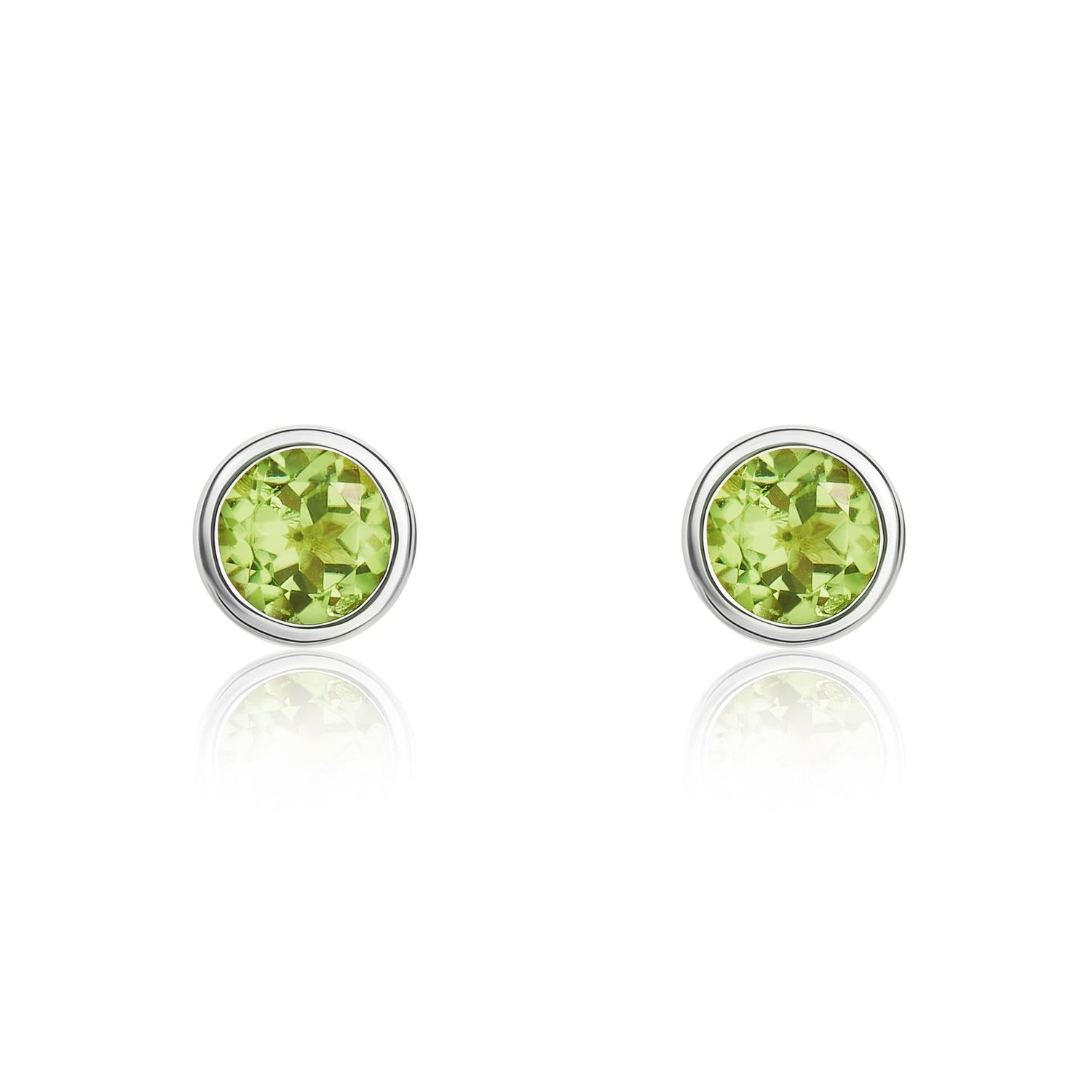 9ct White Gold Round Natural Peridot Rubover Stud Earrings — 3mm