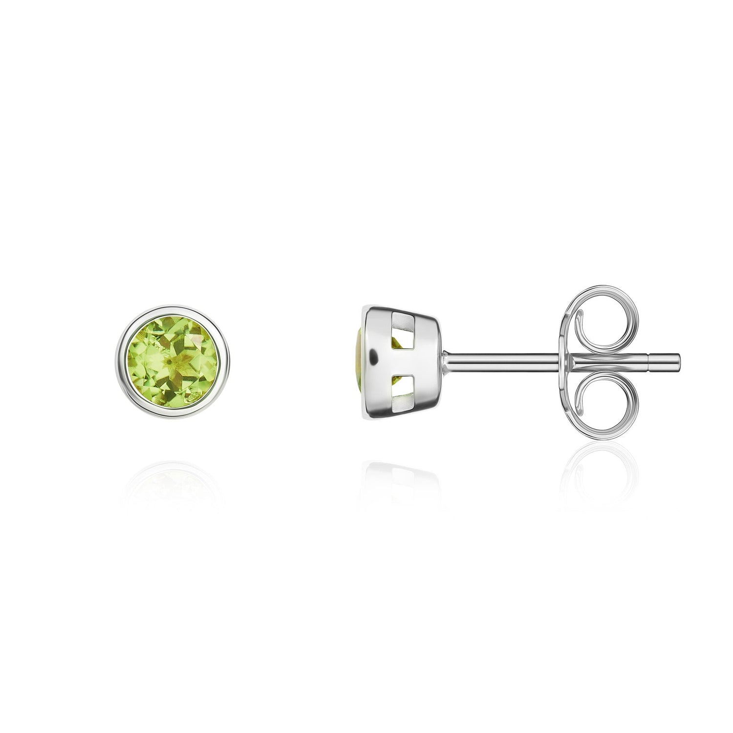 9ct White Gold Round Natural Peridot Rubover Stud Earrings — 3mm