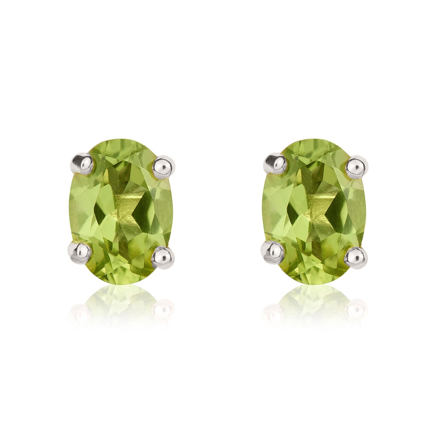 9ct White Gold Oval Natural Peridot Claw Set Stud Earrings — 7x5mm