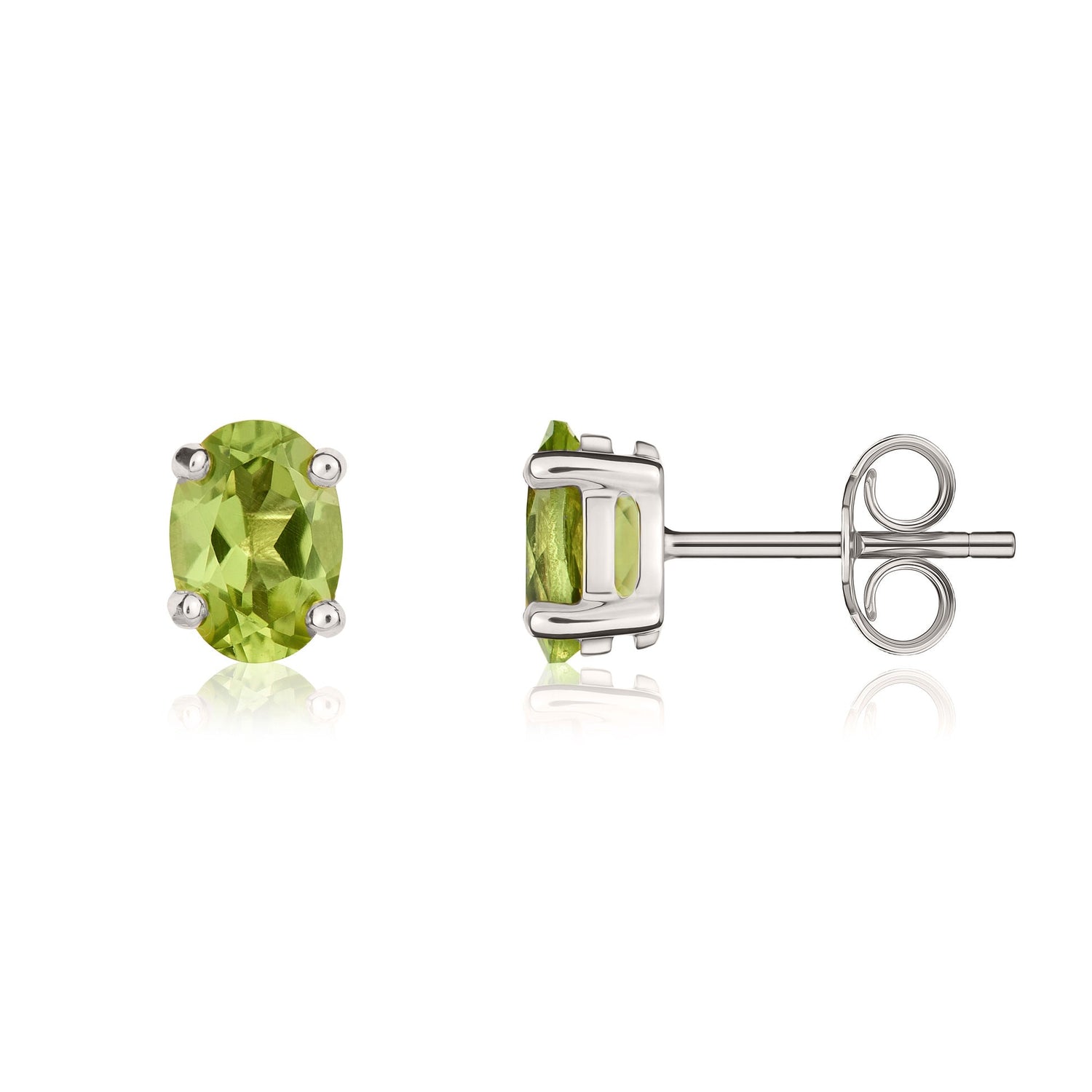 9ct White Gold Oval Natural Peridot Claw Set Stud Earrings — 7x5mm