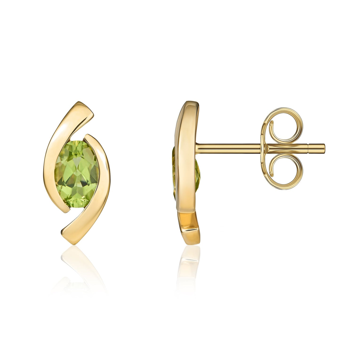 9ct Yellow Gold Oval Natural Peridot 'Eye' Stud Earrings — 6x4mm