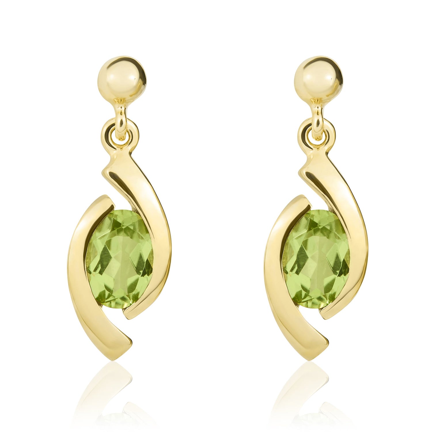 9ct Yellow Gold Oval Natural Peridot 'Eye' Drop Earrings — 6x4mm