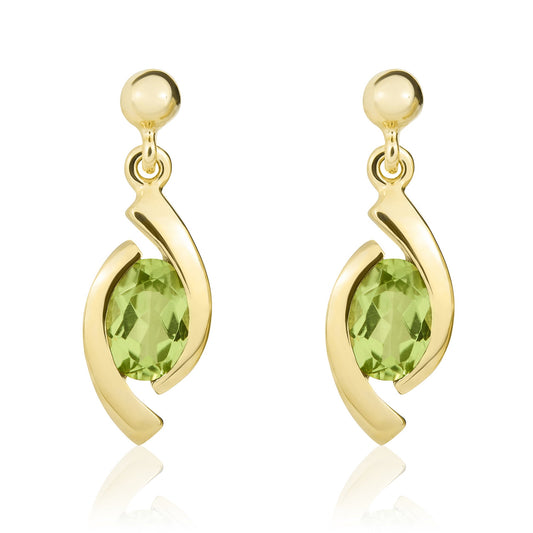 9ct Yellow Gold Oval Natural Peridot 'Eye' Drop Earrings — 6x4mm