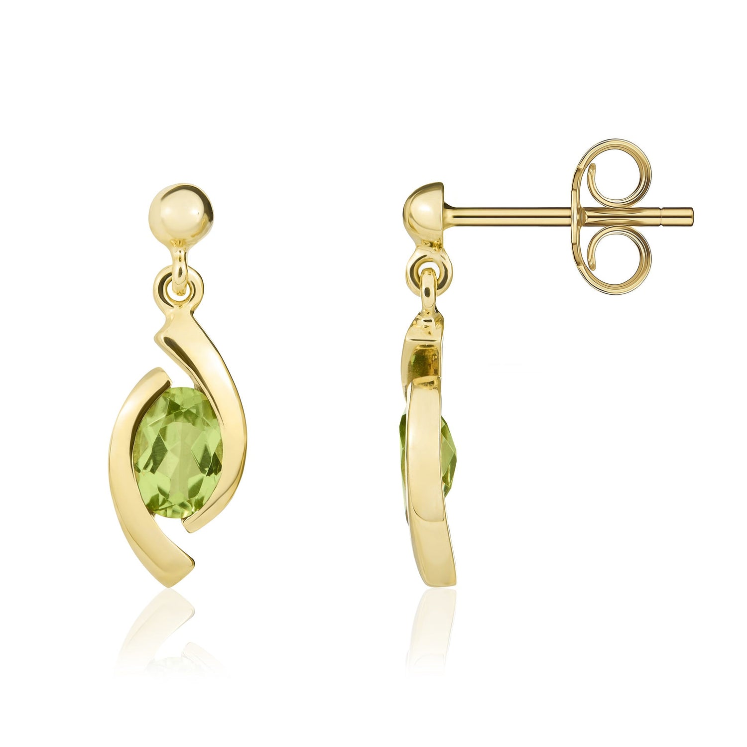9ct Yellow Gold Oval Natural Peridot 'Eye' Drop Earrings — 6x4mm