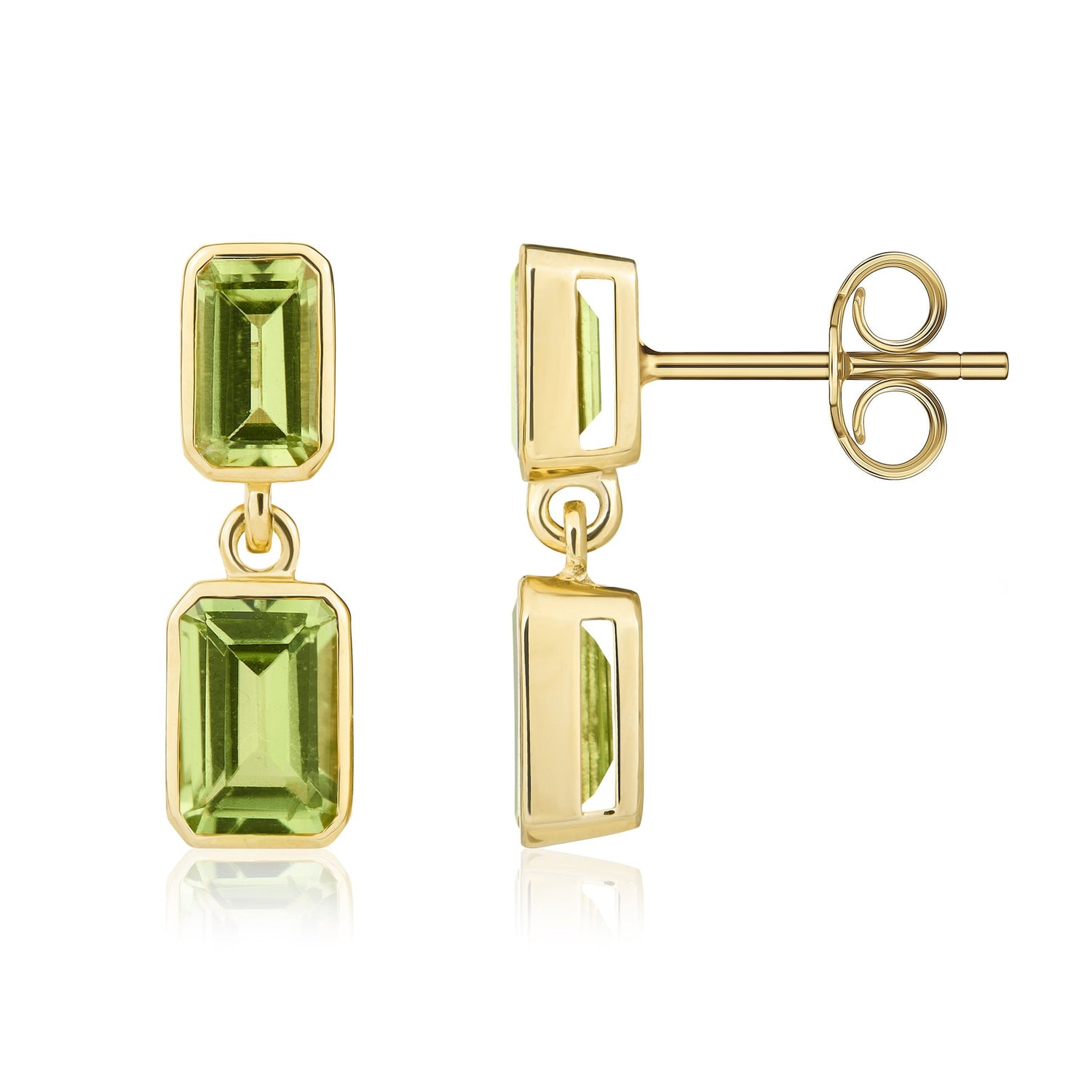 9ct Yellow Gold Octagonal Emerald Cut Natural Peridot Double Stone Rubover Drop Earrings — 5x3mm