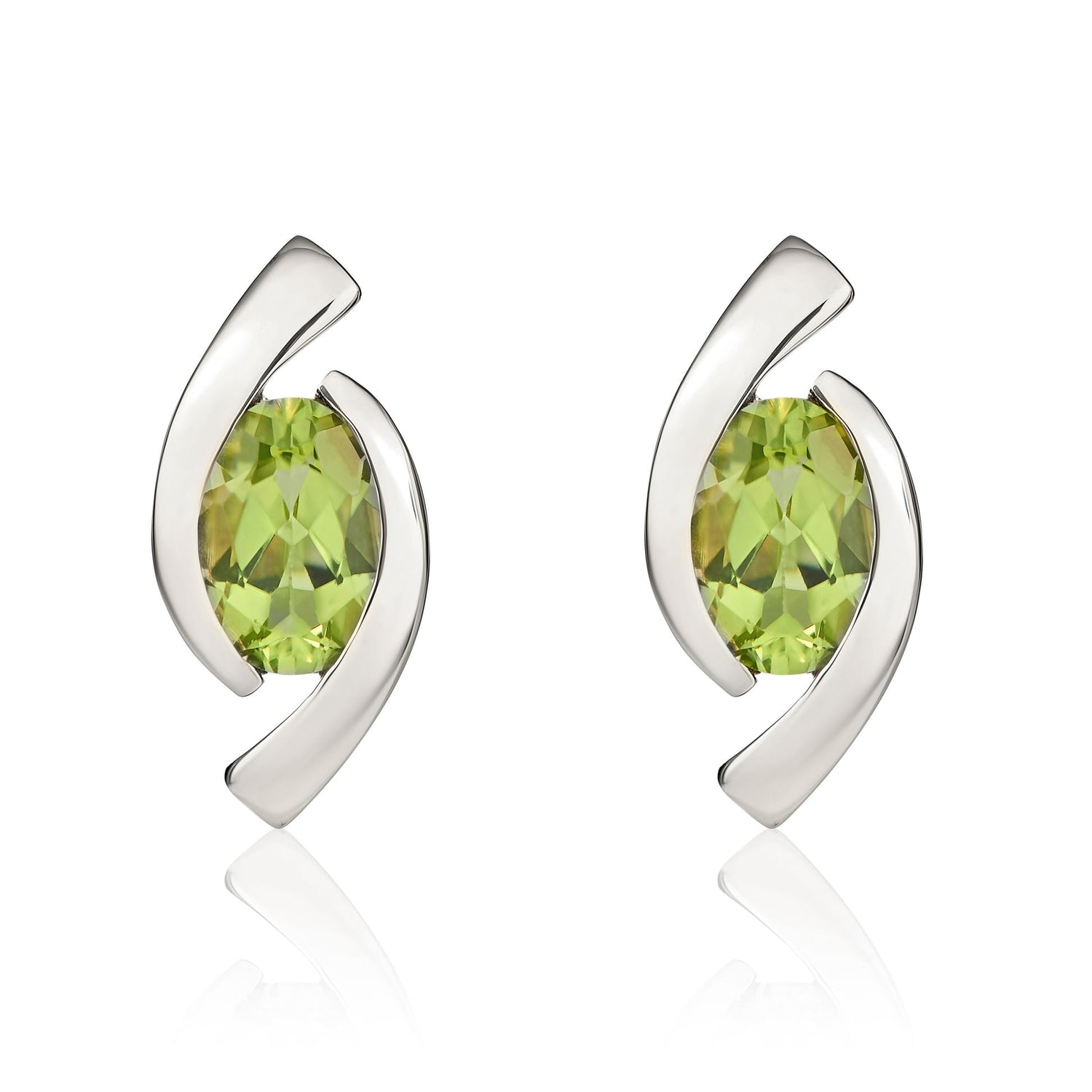9ct White Gold Oval Natural Peridot 'Eye' Stud Earrings — 6x4mm