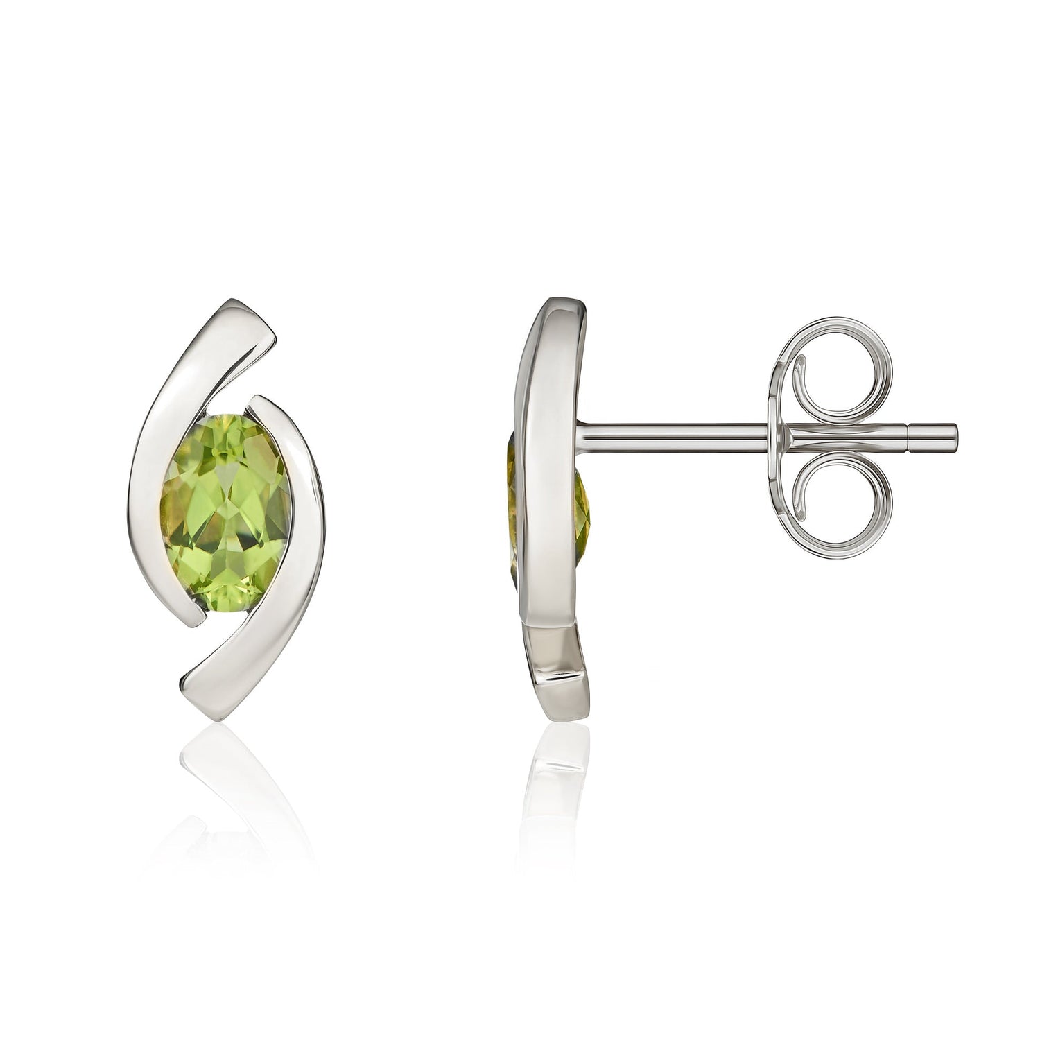9ct White Gold Oval Natural Peridot 'Eye' Stud Earrings — 6x4mm