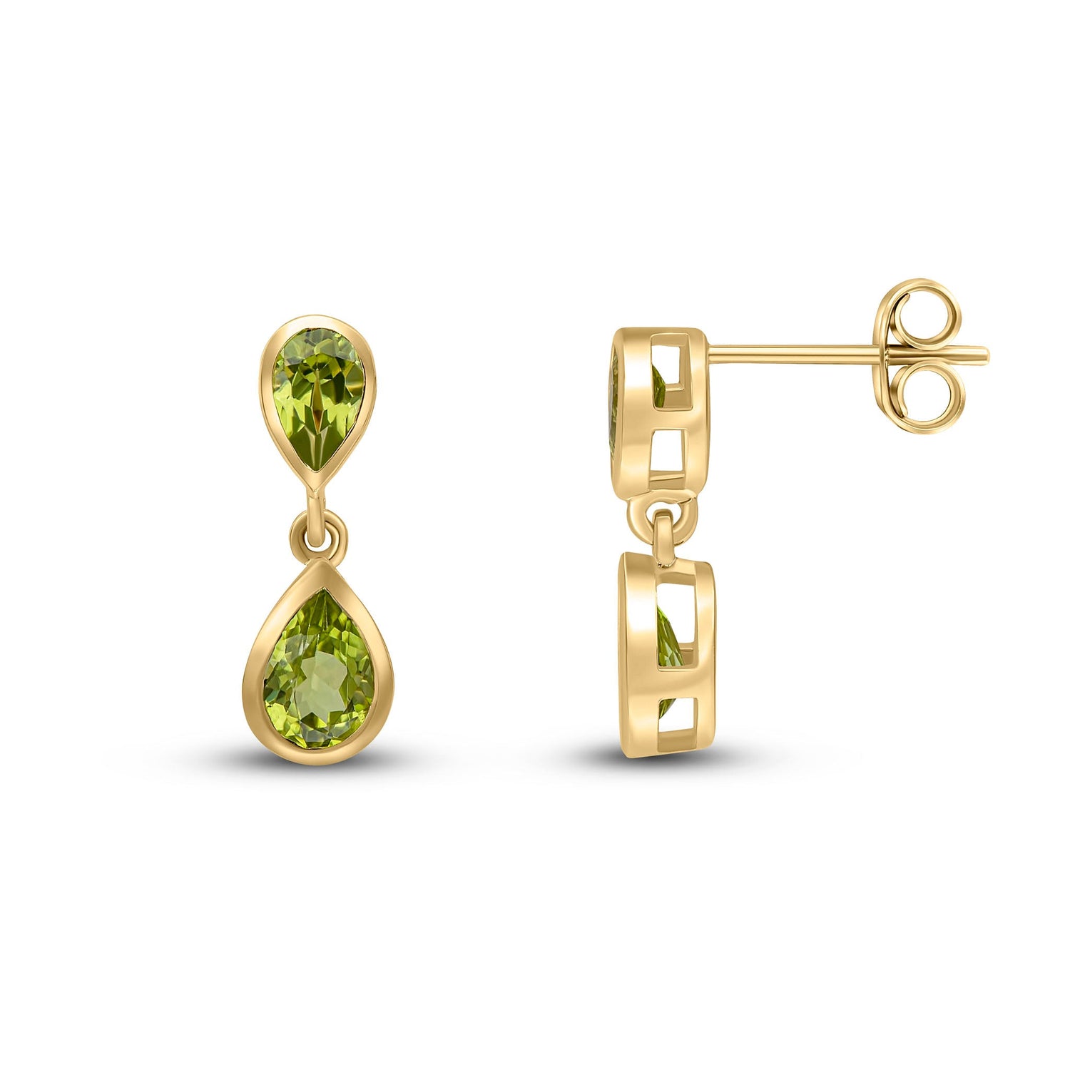 9ct Yellow Gold Pear Shaped Natural Peridot Two Stone Rubover Drop Earrings