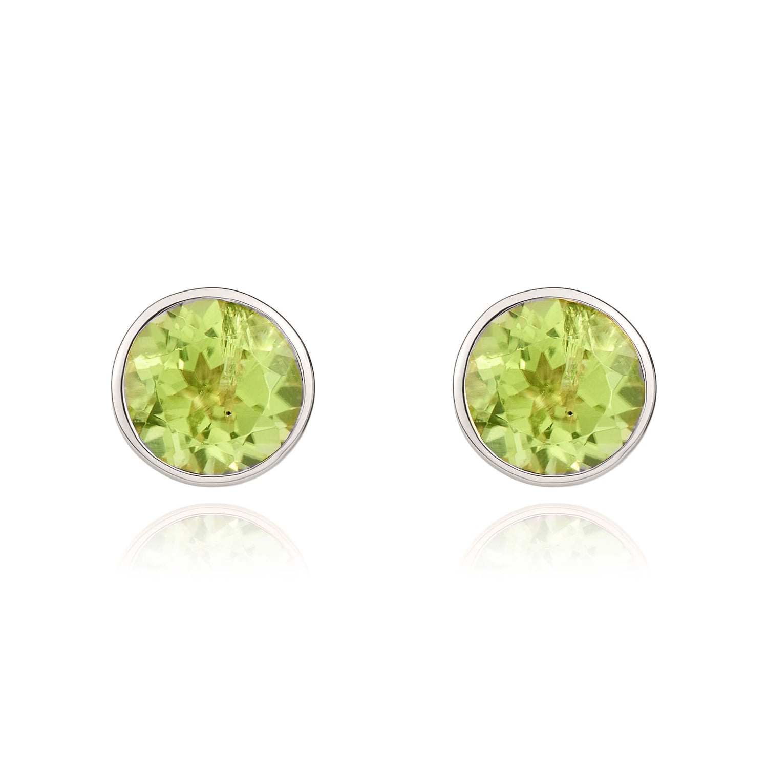 9ct White Gold Round Natural Peridot Rubover Stud Earrings — 5mm