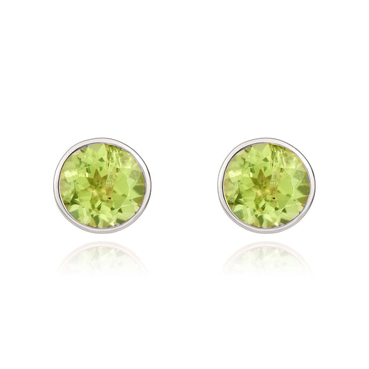 9ct White Gold Round Natural Peridot Rubover Stud Earrings — 5mm