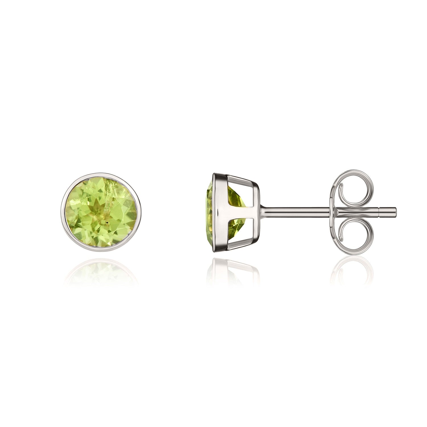 9ct White Gold Round Natural Peridot Rubover Stud Earrings — 5mm