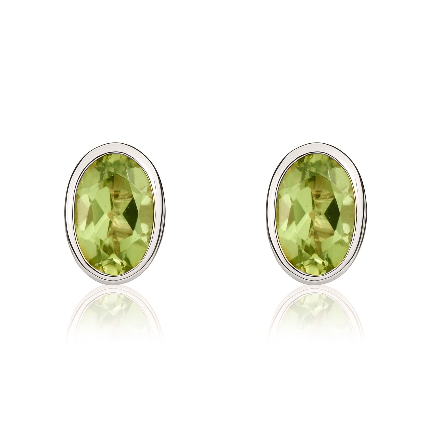 9ct White Gold Oval Natural Peridot Rubover Stud Earrings — 6x4mm