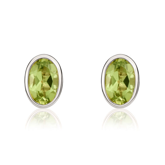 9ct White Gold Oval Natural Peridot Rubover Stud Earrings — 6x4mm