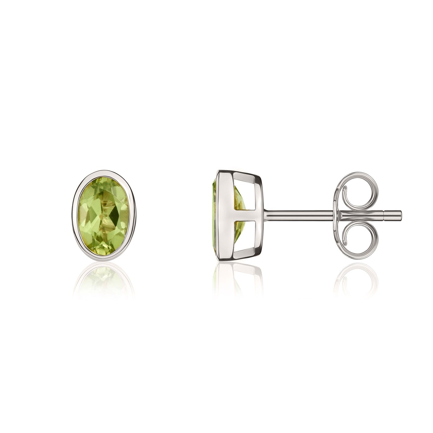 9ct White Gold Oval Natural Peridot Rubover Stud Earrings — 6x4mm
