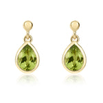 9ct Yellow Gold Pear Shaped Natural Peridot Rubover Drop Earrings with 2.5mm Bead Top — 6x4mm